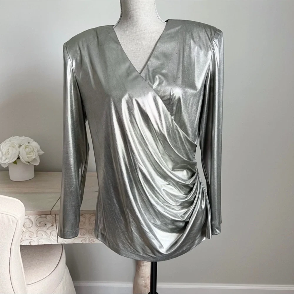 Vintage 80s Betsy & Adam Lame Metallic Faux Wrap Big Shoulder Pad Blouse L - Picture 2 of 6